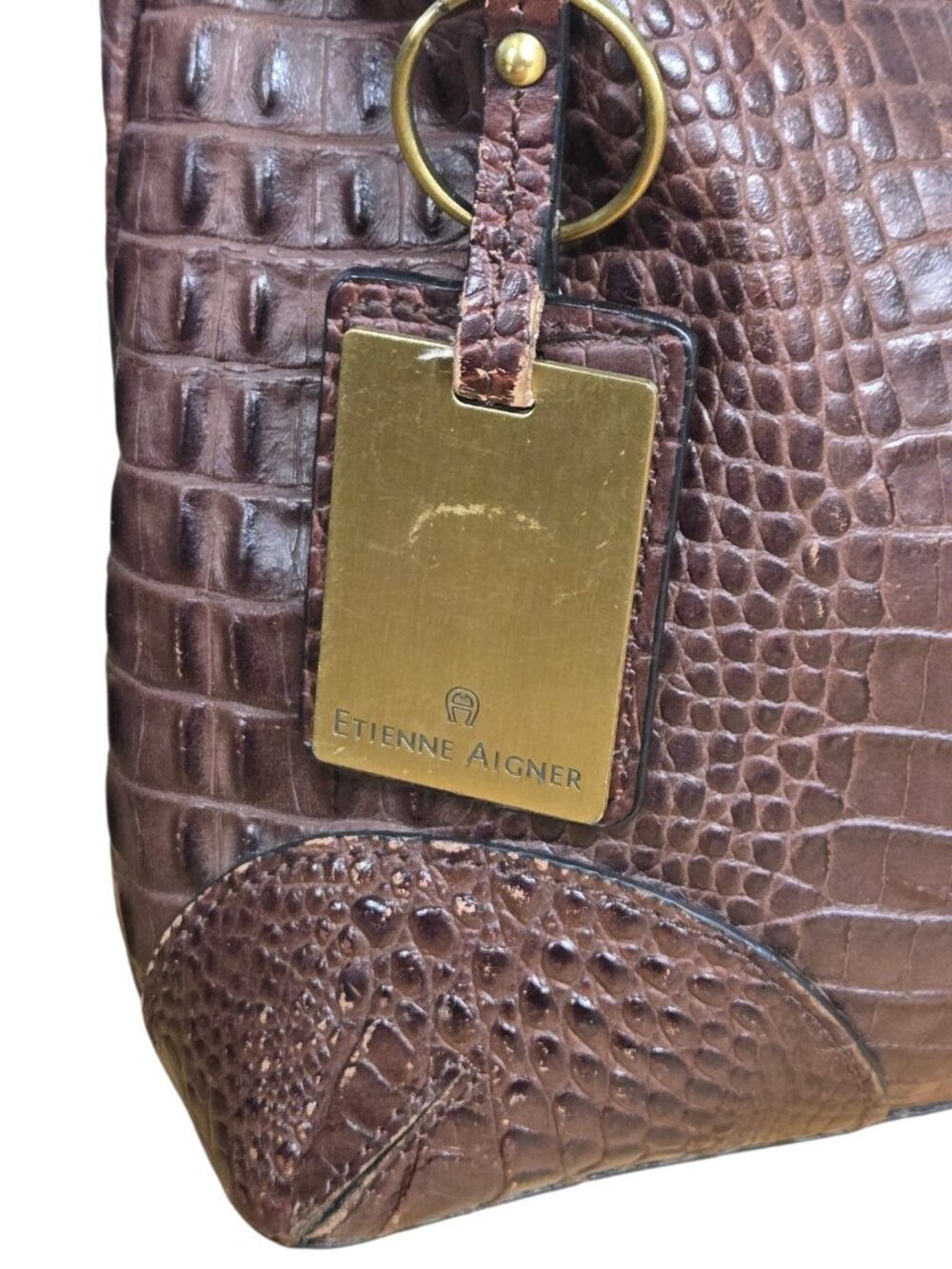 Etienne Aigner Croc Embossed Leather Double Handle Shoulder Bag Dark Brown - Picture 9 of 11